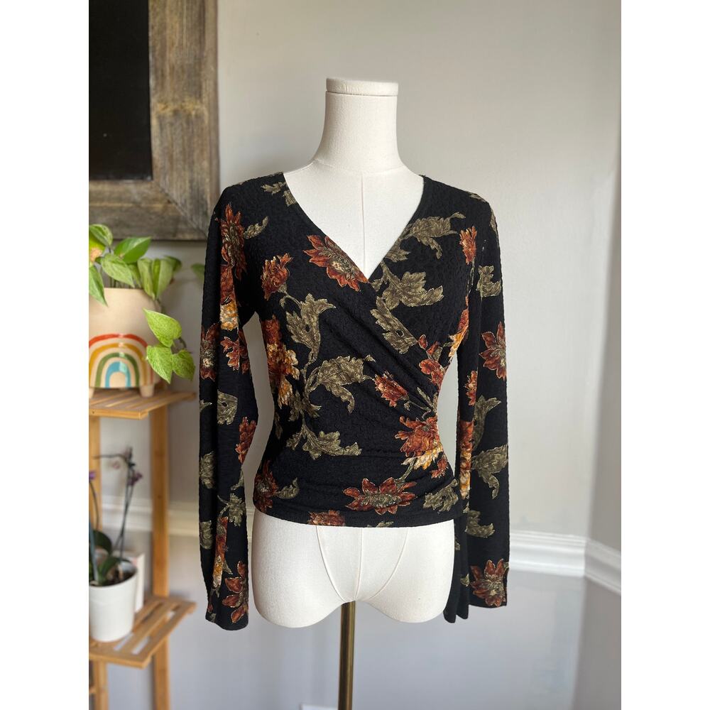 Vintage 90s Faux Wrap Blouse Dark Floral Bell Sleeve V-neck Size Small
